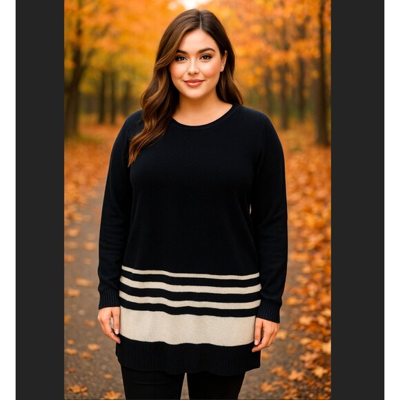 Daisy Fuentes Black White Stripe Knit Tunic Sweater XL Long Sleeve Crew Neck EUC - Picture 1 of 14